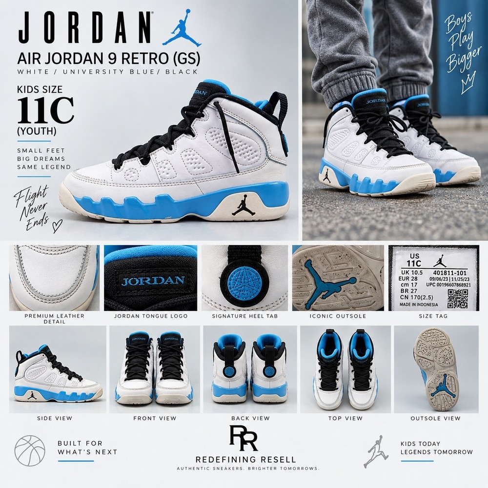 Jordan Air Jordan 9 Retro GS University Blue White Black 401811-101 Size 11C